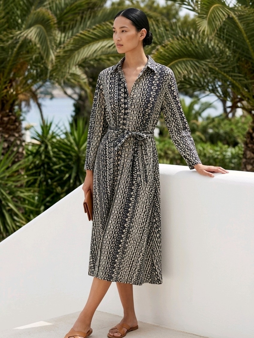 100% Cotton Black And Cream Geometric Printed Long-Sleeve Maxi Shirt Dress